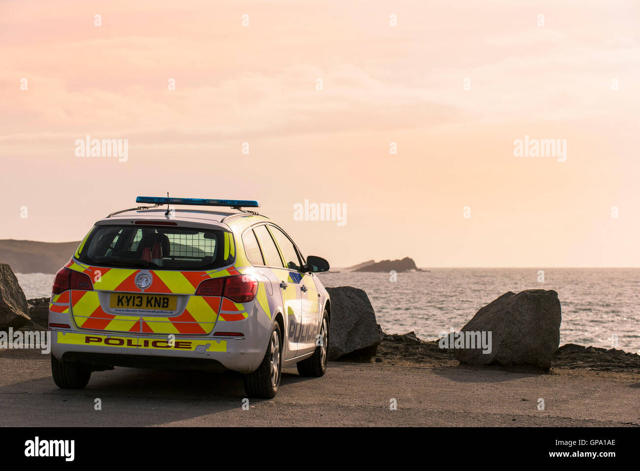 A Devon and Cornwall Police Patrol vehicle parked on Towan Headland in Newquay, Cornwall. Stock Photo