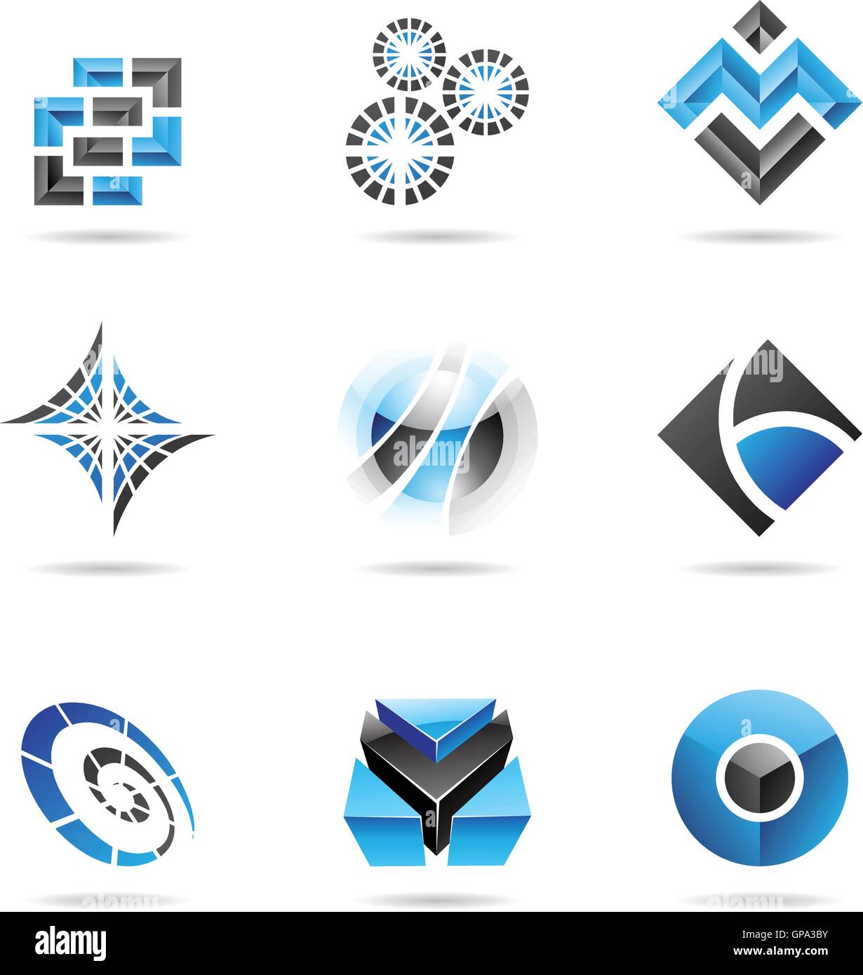 Abstract blue and black icon set isolated on a white background Stock