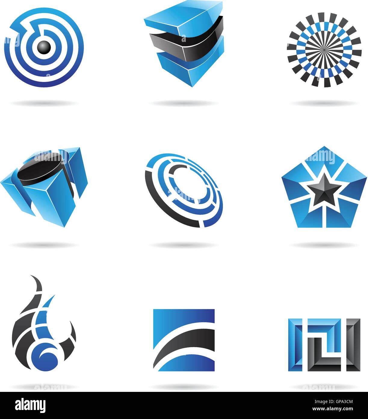 Abstract blue and black icon set isolated on a white background Stock