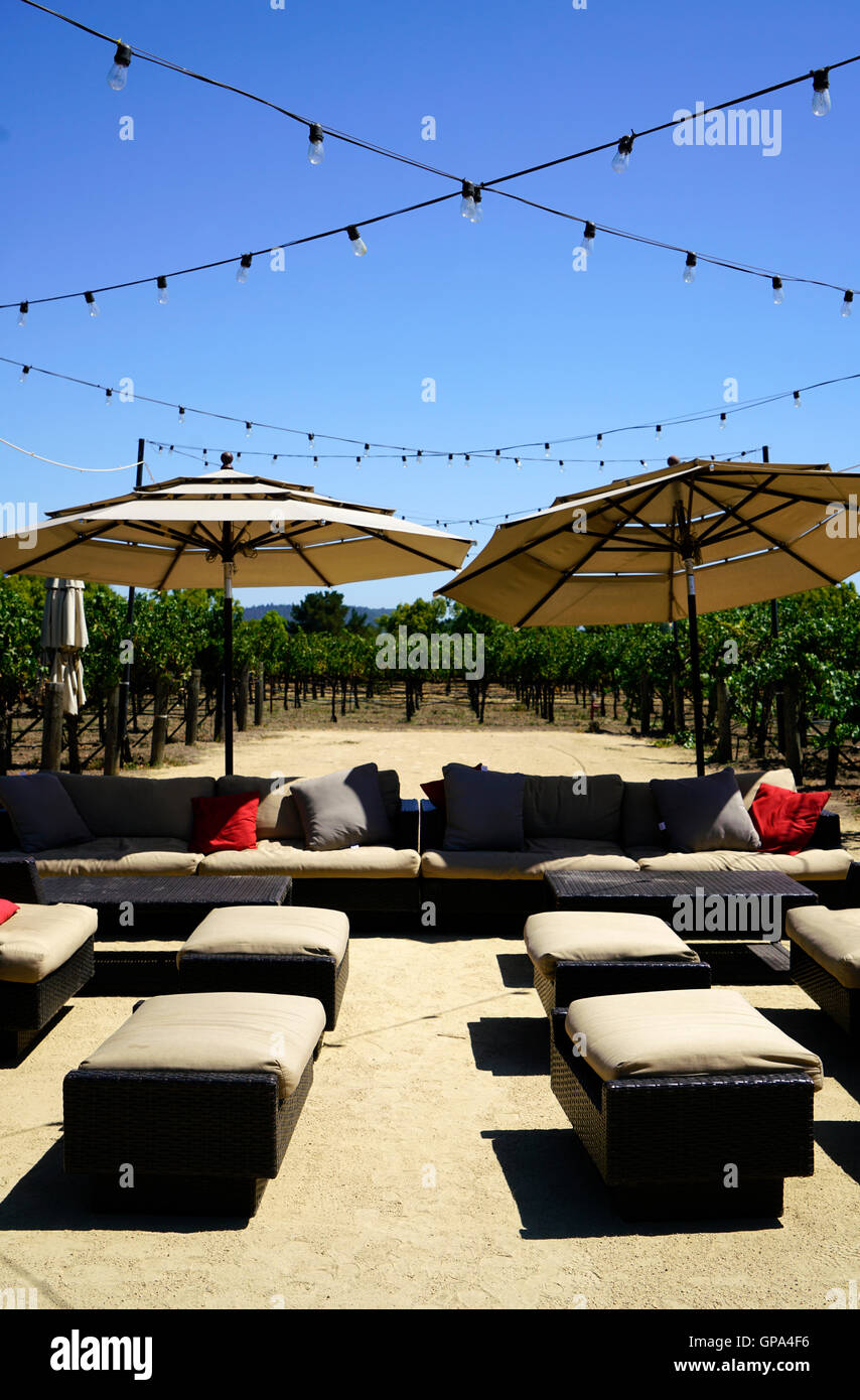 Outdoor tasting seating in the garden of Peju Province Winery