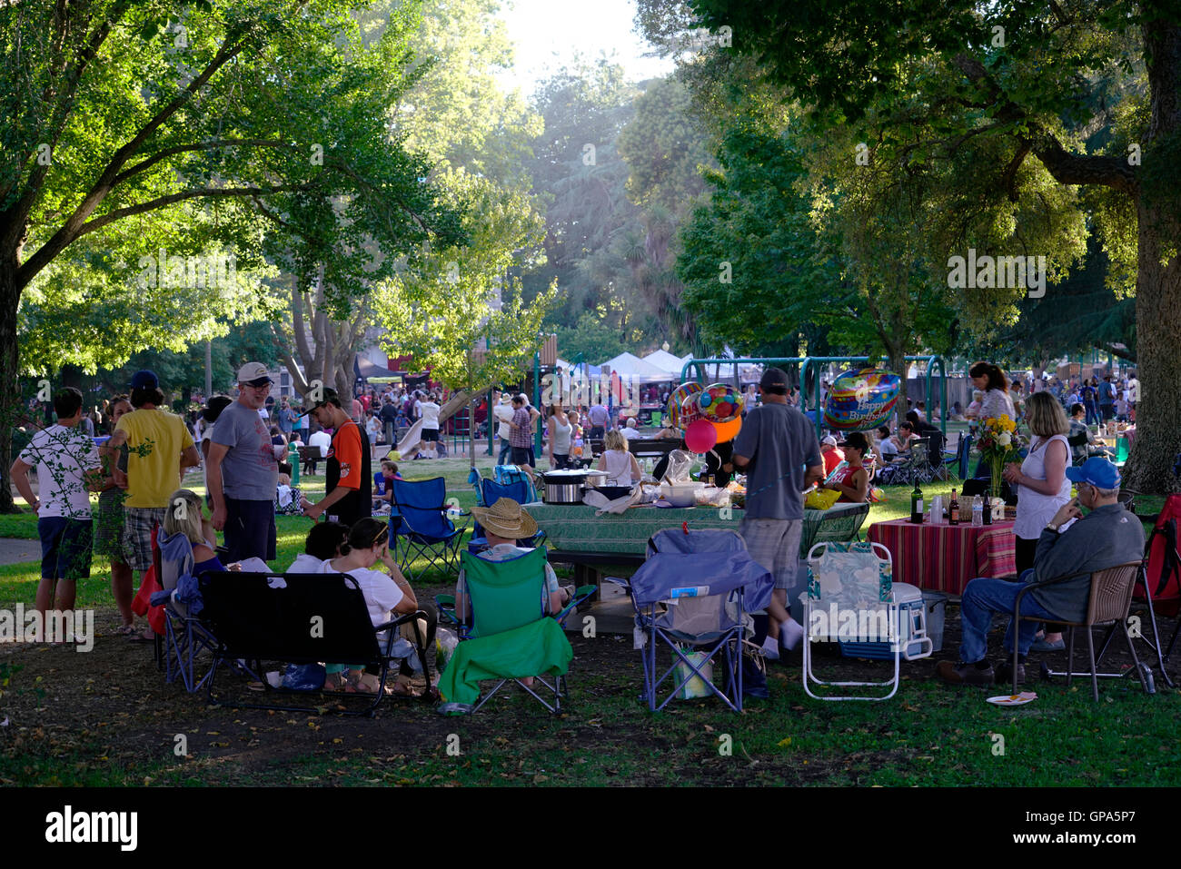 Locals gathering at Sonoma Plaza during a public picnic.Napa Valley Sonoma.California.USA Stock Photo