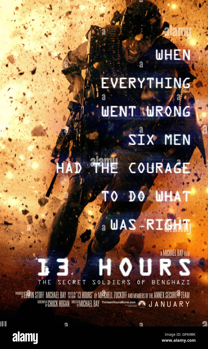 RELEASE DATE: January 15, 2016 TITLE: 13 Hours: The Secret Soldiers of Benghazi STUDIO: Paramount Pictures DIRECTOR: Michael Bay PLOT: An American Ambassador is killed during an attack at a U.S. compound in Libya as a security team struggles to make sense out of the chaos STARRING: John Krasinski, Pablo Schreiber, James Badge Dale, Alexia Barlier (Credit: c Paramount Pictures/Entertainment Pictures/) Stock Photo
