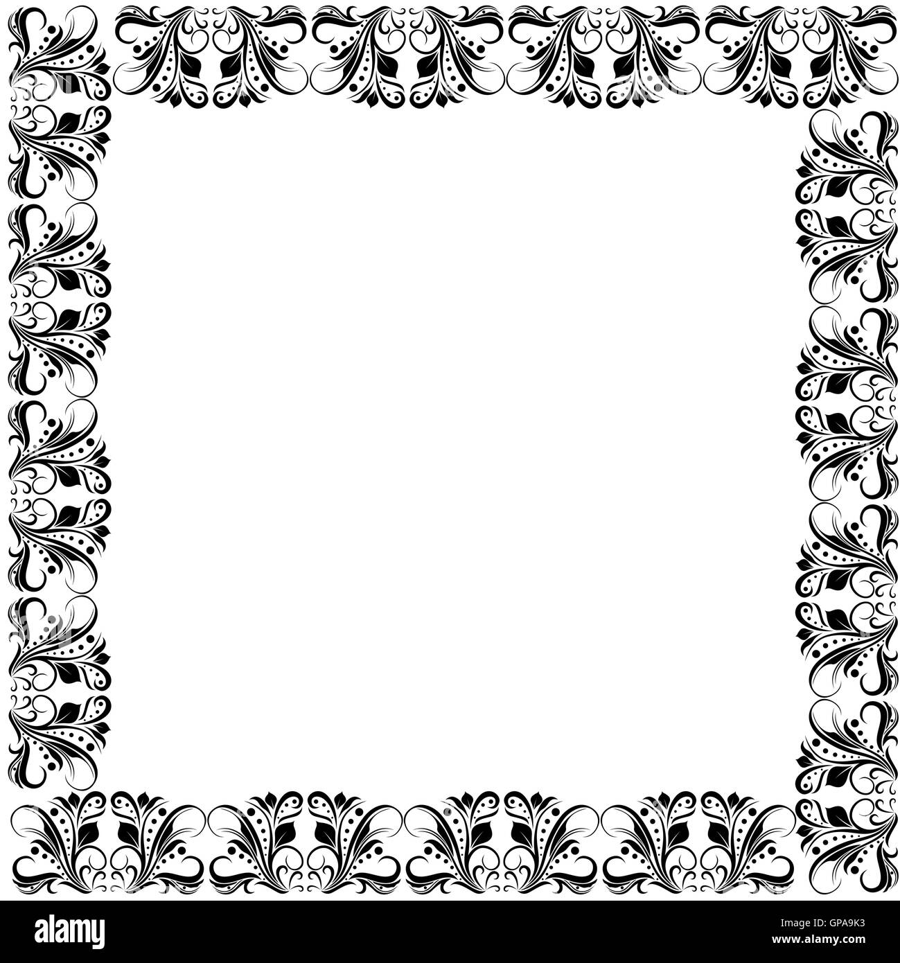 Floral ornate frame with black floral elements of leaves and flowers on the white background Stock Vector