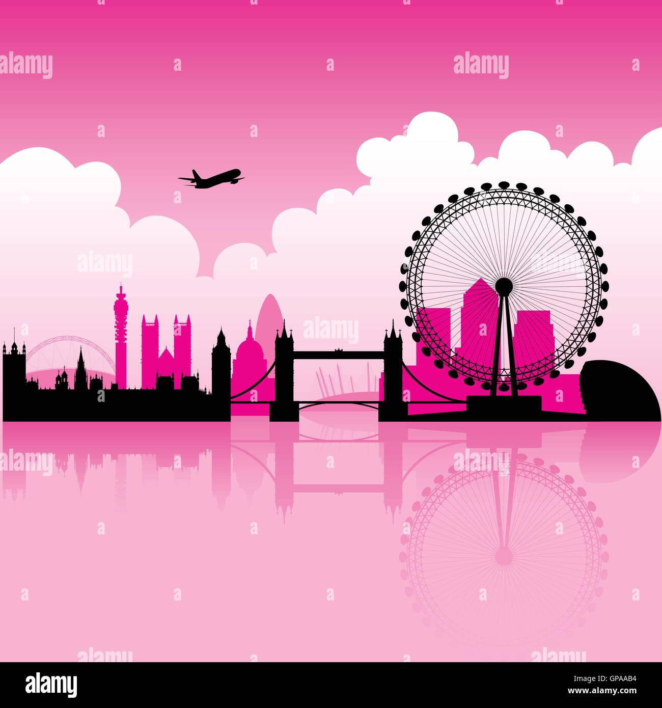 Illustration of London Magenta Skyline and a cloudy background Stock Vector