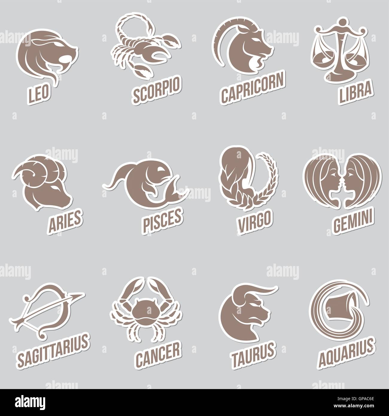 Vector Illustration of Zodiac Star Signs with Sticker like Designs ...