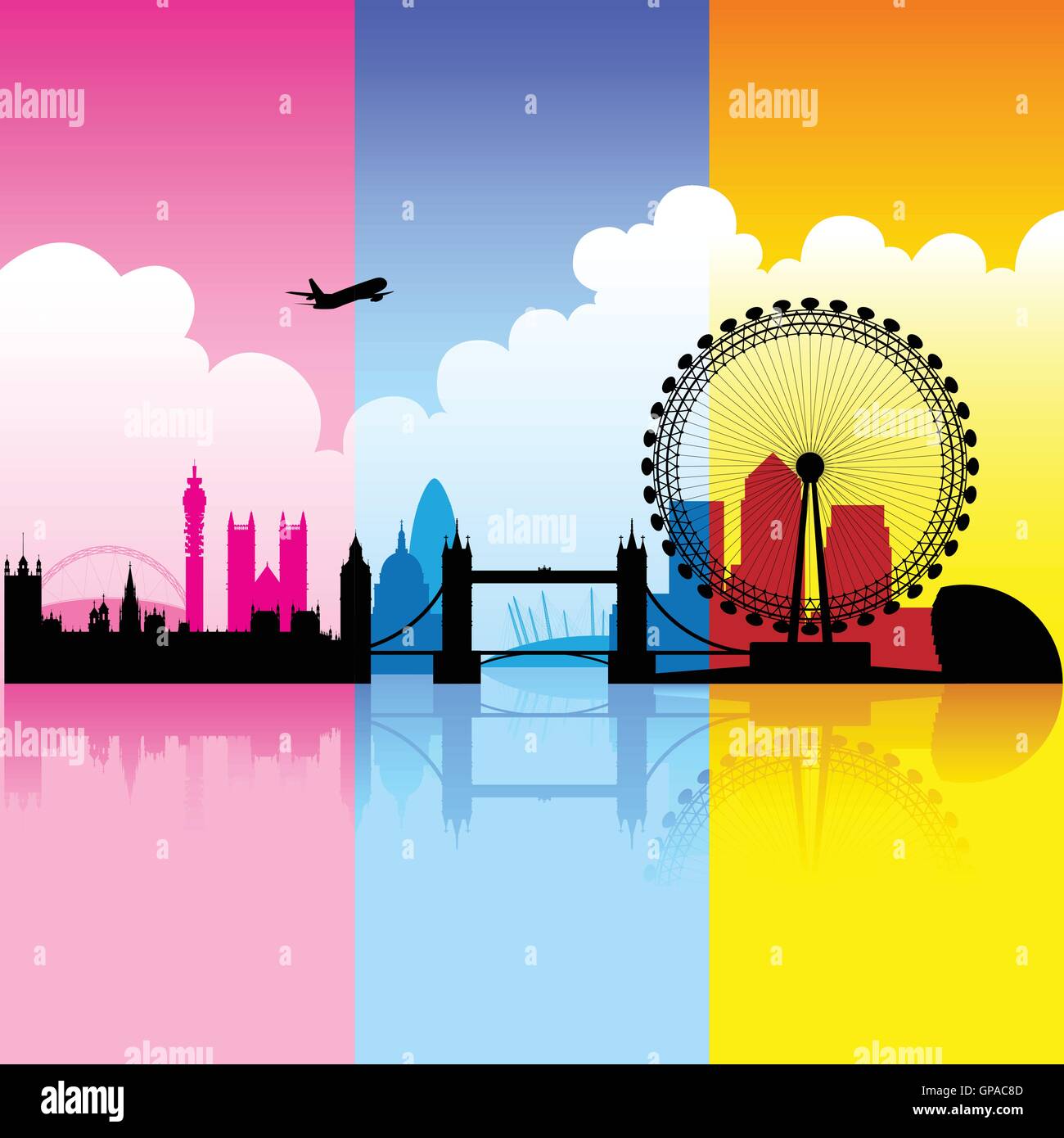 Vector Illustration of colorful London landmarks with reflections on river thames Stock Vector
