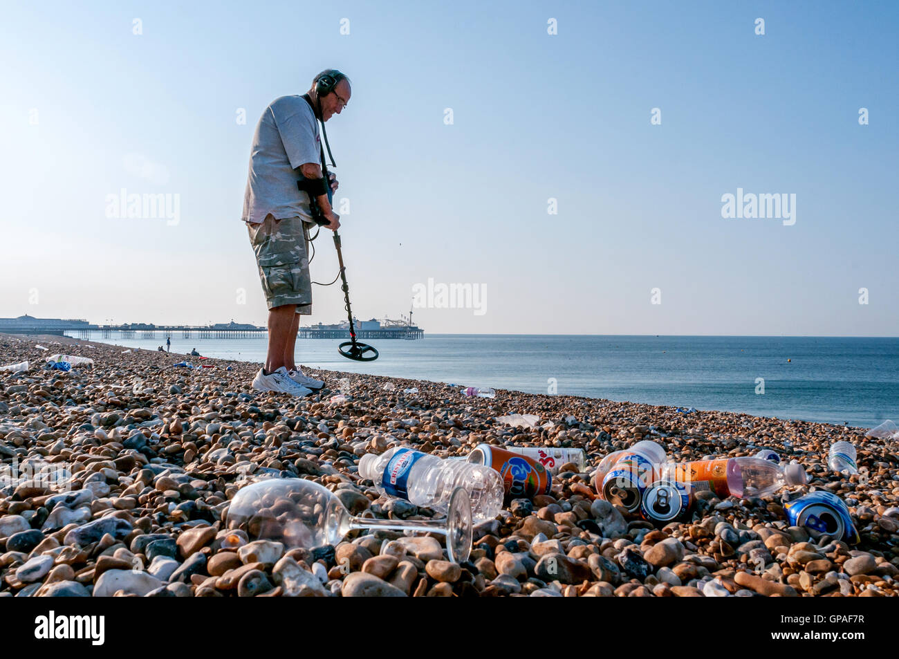 Rubbish left the morning after after a busy day on Brighton beach Stock