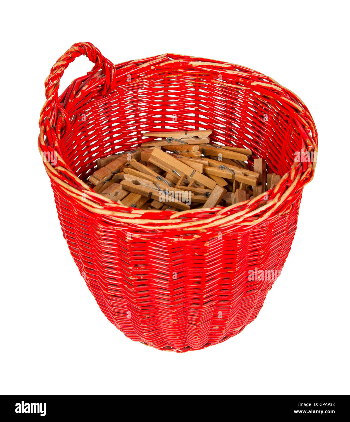 Very old red basket with wooden clothespins Stock Photo Alamy