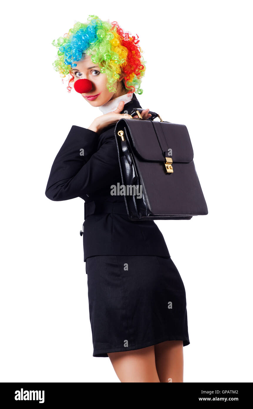 Businesswoman in clown costume on white Stock Photo - Alamy