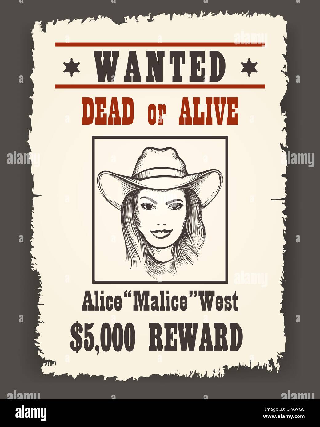 Wanted poster with Girl face in cowboy hat on dark background drawn in Retro Wild west style. Vector illustration. Stock Vector