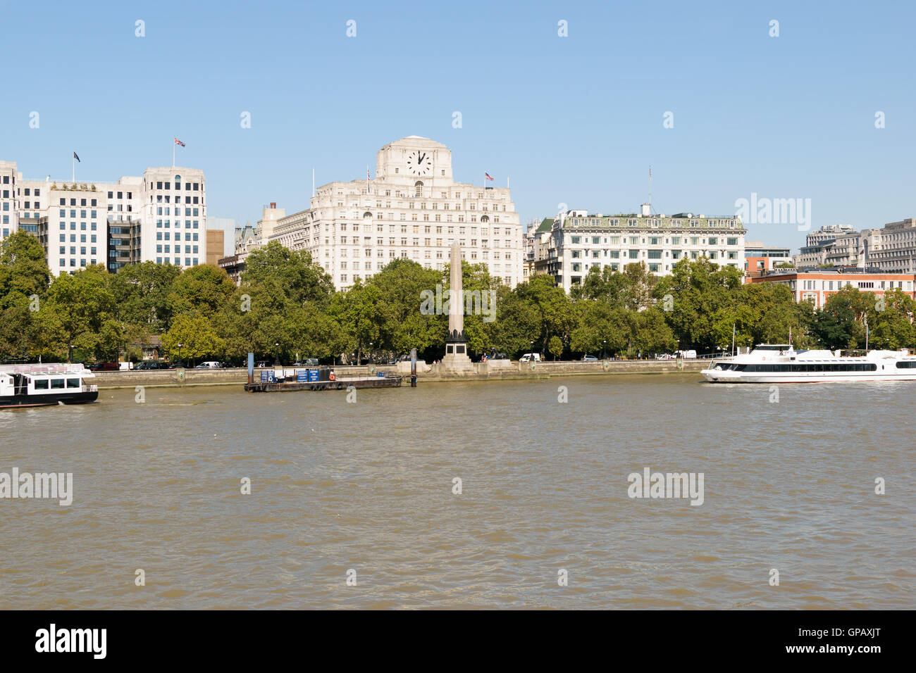 London, UK - 30 August 2016: View of Victoria Embankment on river Thames with Cleopatra's Needle in the middle. Stock Photo