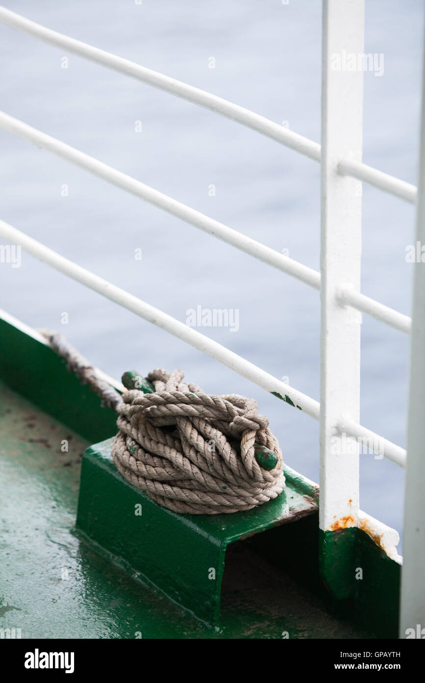 Color image of a rope on a boat's deck. Stock Photo