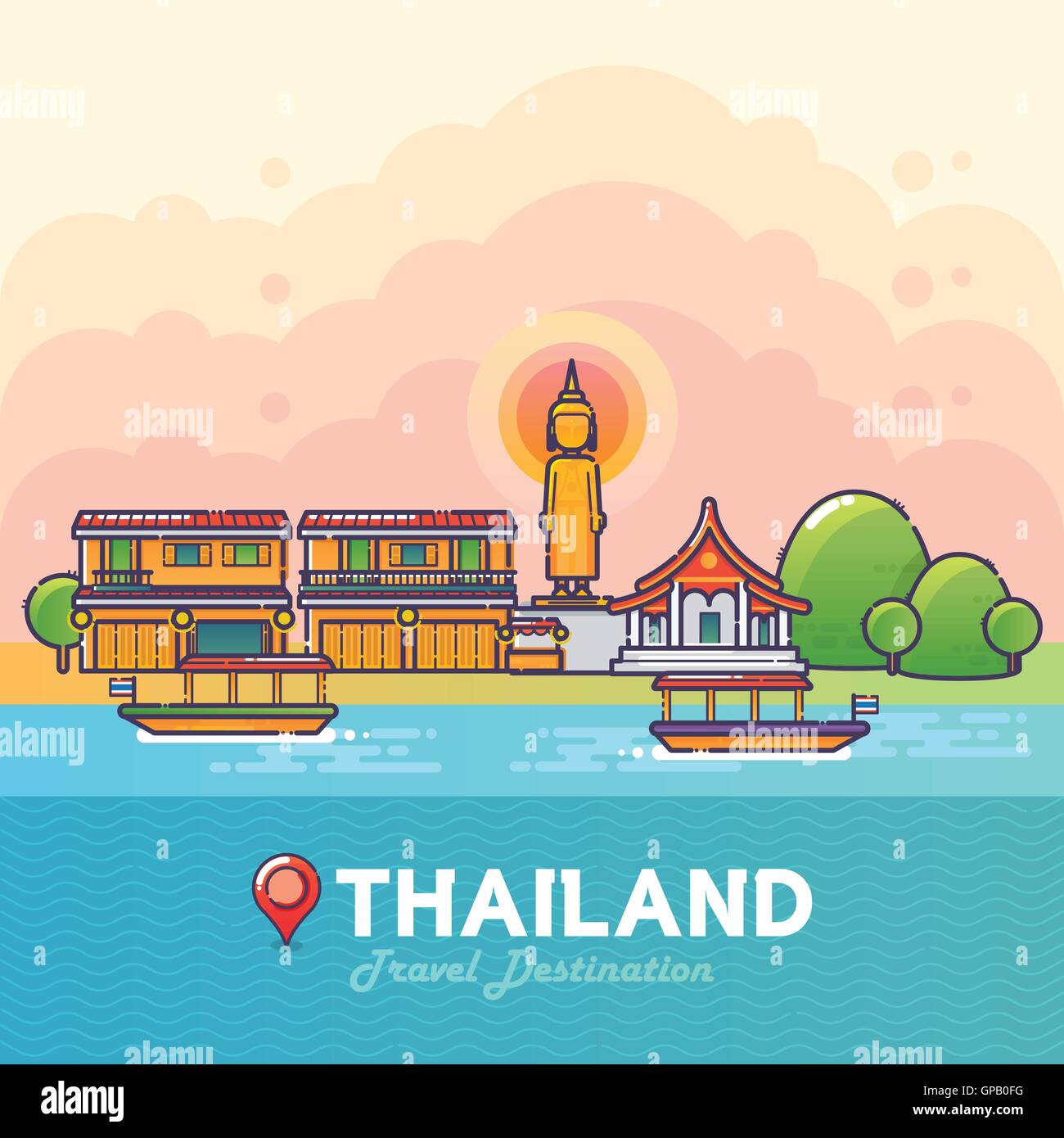 Vector Illustration of Thailand Travel Destination Colorful Detailed Skyline for Poster, Icon, Banner,Postcard. Linear Style Stock Vector