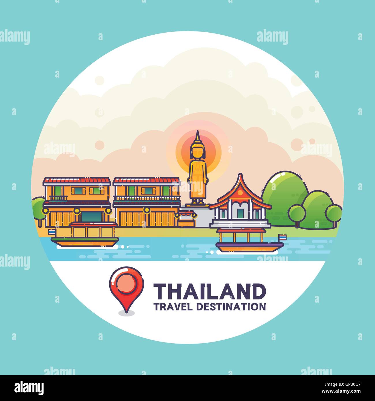 Vector Illustration of Thailand Travel Destination Colorful Detailed Skyline for Poster, Icon, Banner,Postcard. Linear Style Stock Vector
