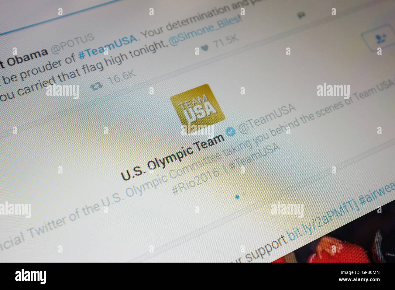 An image of the Twitter profile of the U.S. Olympic Team on Twitter. Stock Photo