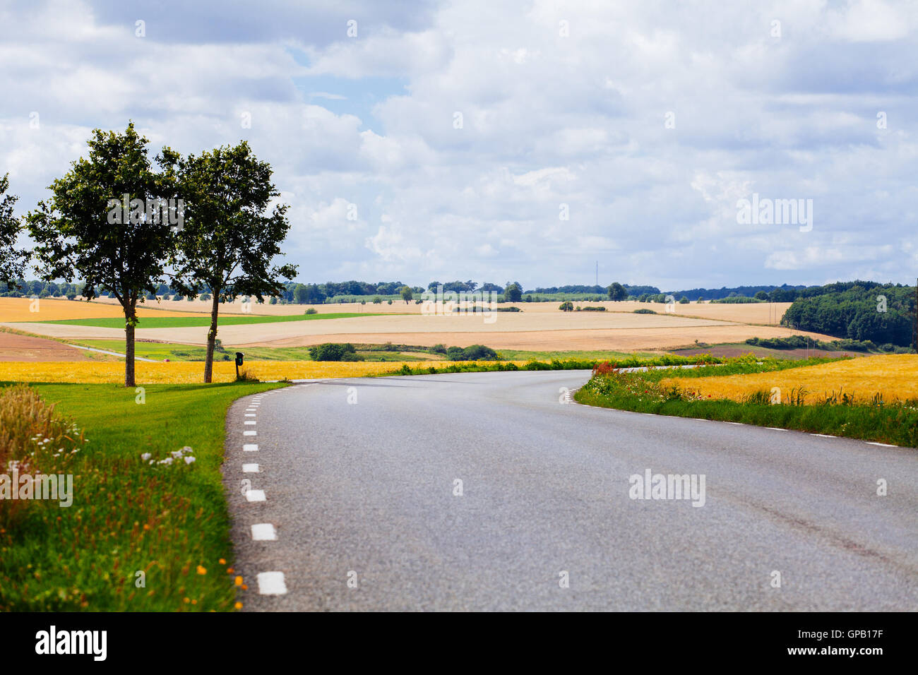A view of the Skåne landscape from the side of the road. Stock Photo