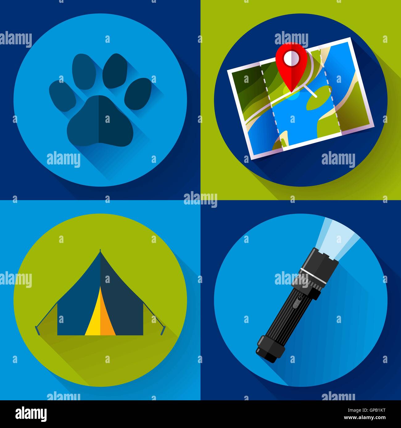 Camping Hiking icons set, flat design style vector Stock Vector