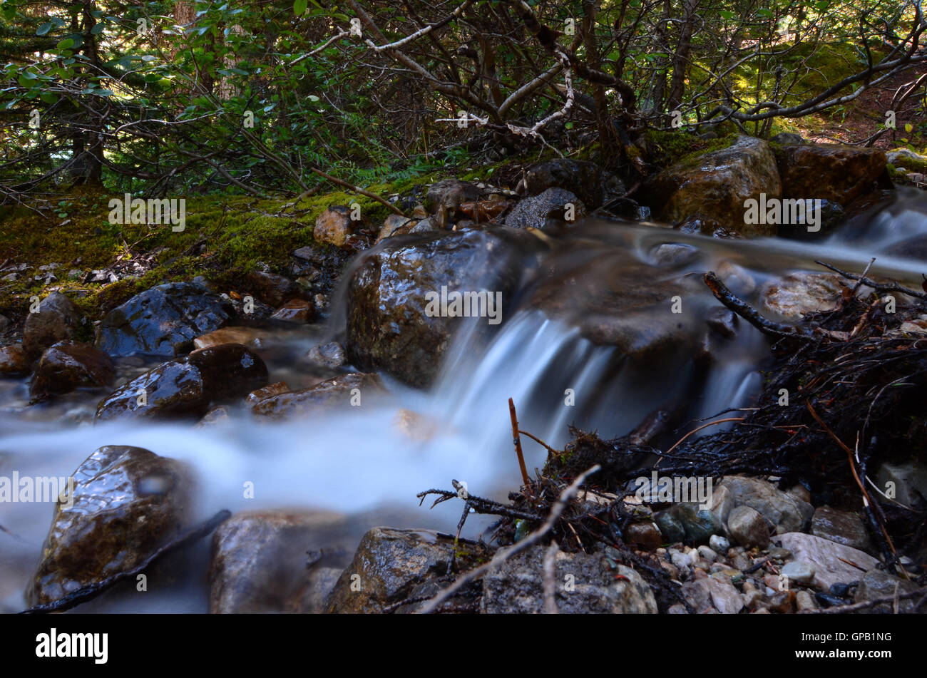 Stream and smooth flowing waterfall in the mountains Stock Photo