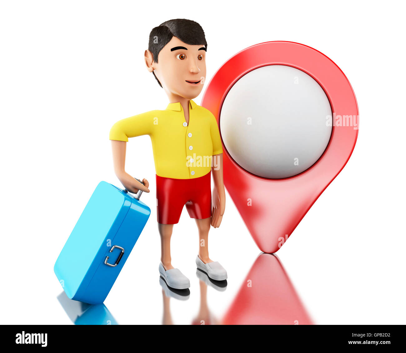 3d renderer image. Man with a suitcase and map pointer goes on vacation ...