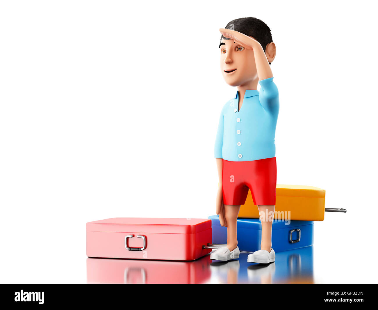 3d renderer image. Man with a suitcase goes on vacation. Travel concept ...