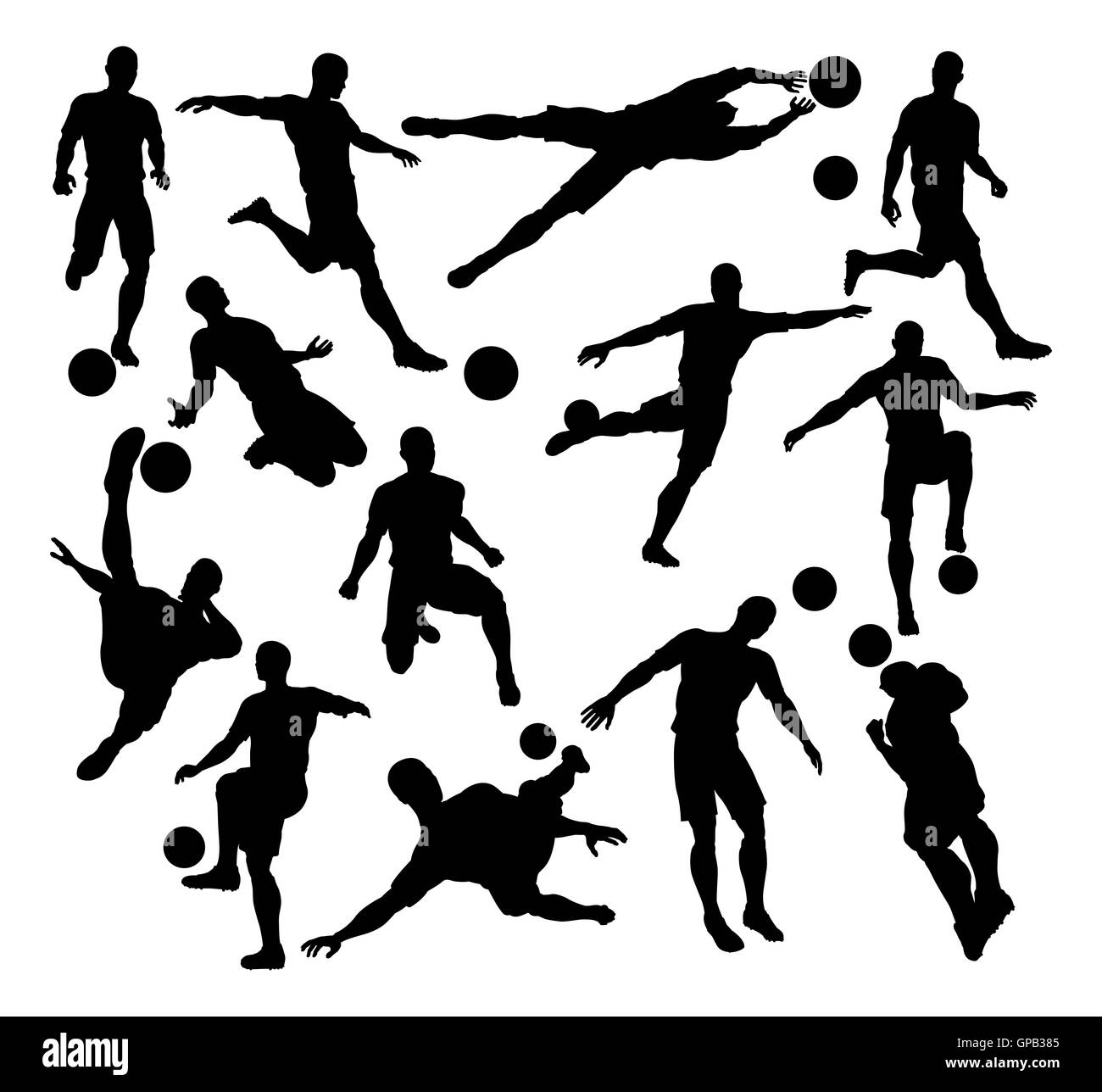 A set of Football Soccer Player Silhouettes in lots of different poses Stock Photo