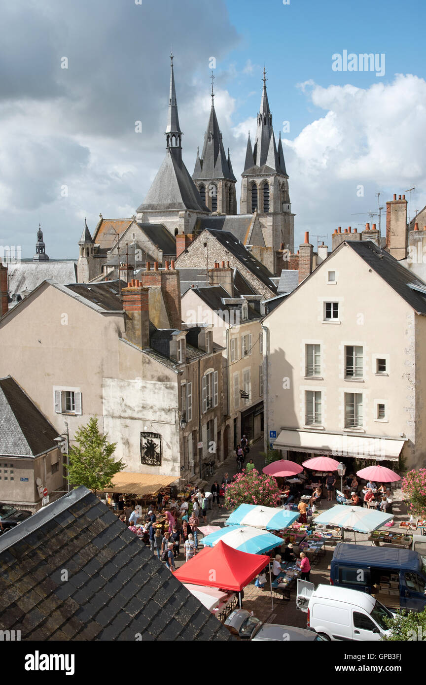 The Church of Saint Nicholas overlooks the weekly market in the town center of Blois situated in the Loire region of France Stock Photo