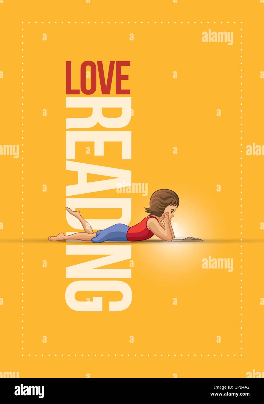 Girl lying down and reading book. Vector illustration and poster design