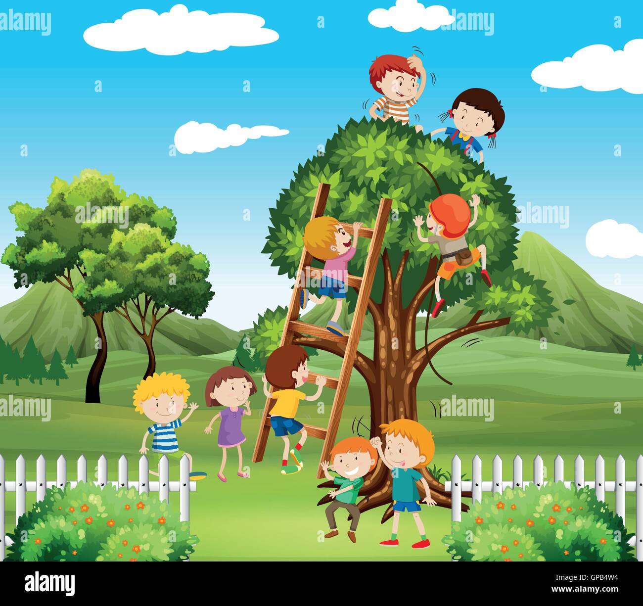 Kids climbing up tree in the park illustration Stock Vector Image & Art Alamy
