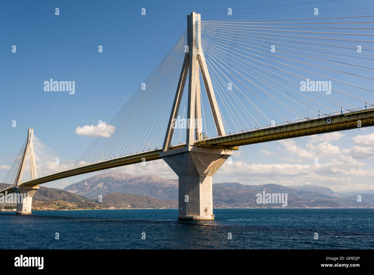 Cablestayed suspension bridge crossing Corinth Gulf strait, Greece. It
