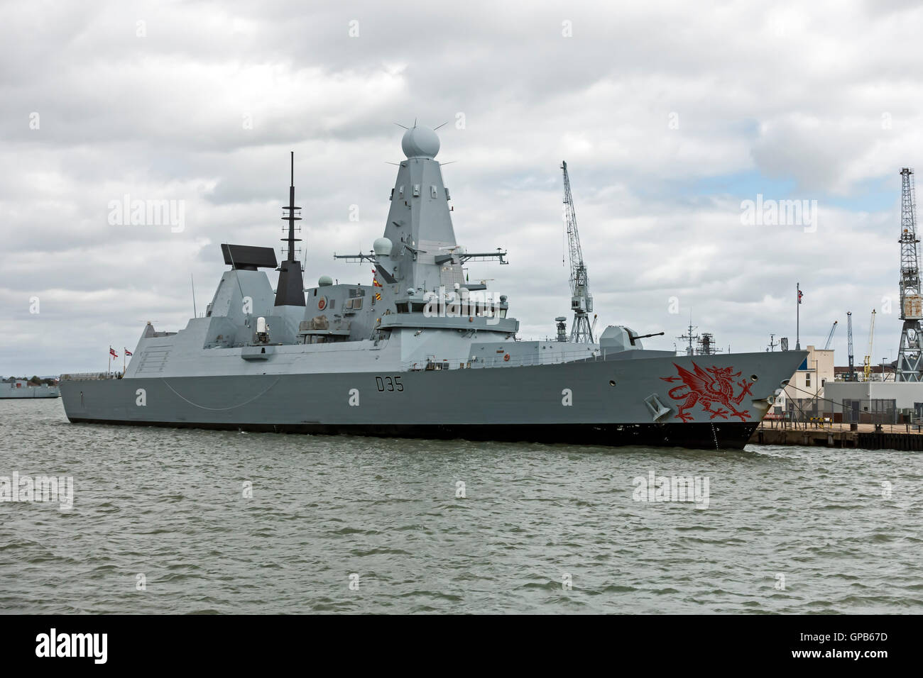 Type 45 Daring-class air-defence destroyer HMS Dragon moored in Portsmouth Harbour Portsmouth England Stock Photo