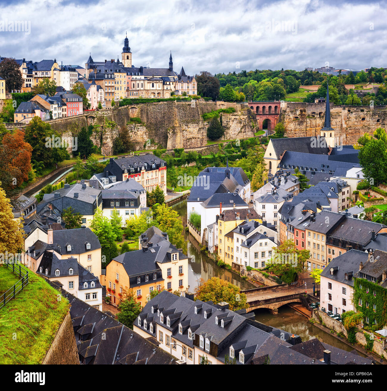 Luxembourg city, view over the Grund to upper town Stock Photo