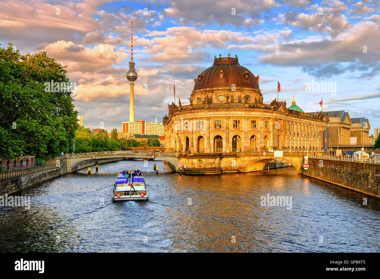 Bode museum on Spree river and Alexanderplatz TV tower in center of Berlin, Germany Stock Photo