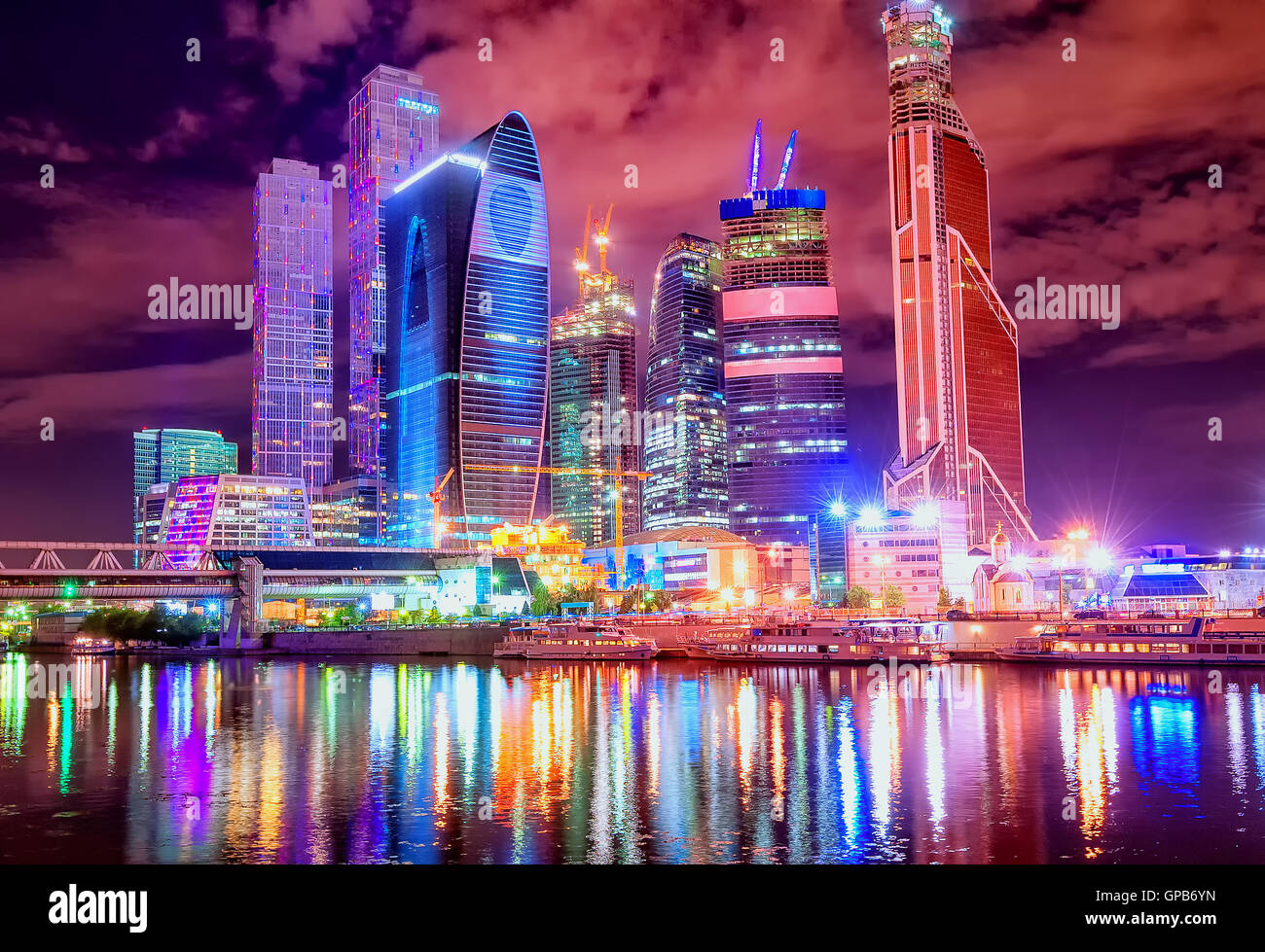 Skyscrapers in Moscow City financial district at night time, Russian Federation Stock Photo