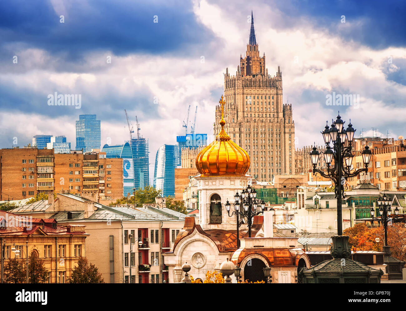 Panoramic view of Moscow featuring traditional russian architecture styles from different time periods, Russia Stock Photo