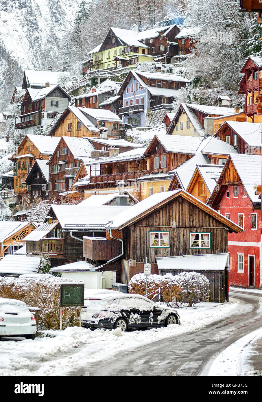 Wooden houses in Hallstatt, austrian alpine village by Salzburg, Austria Stock Photo