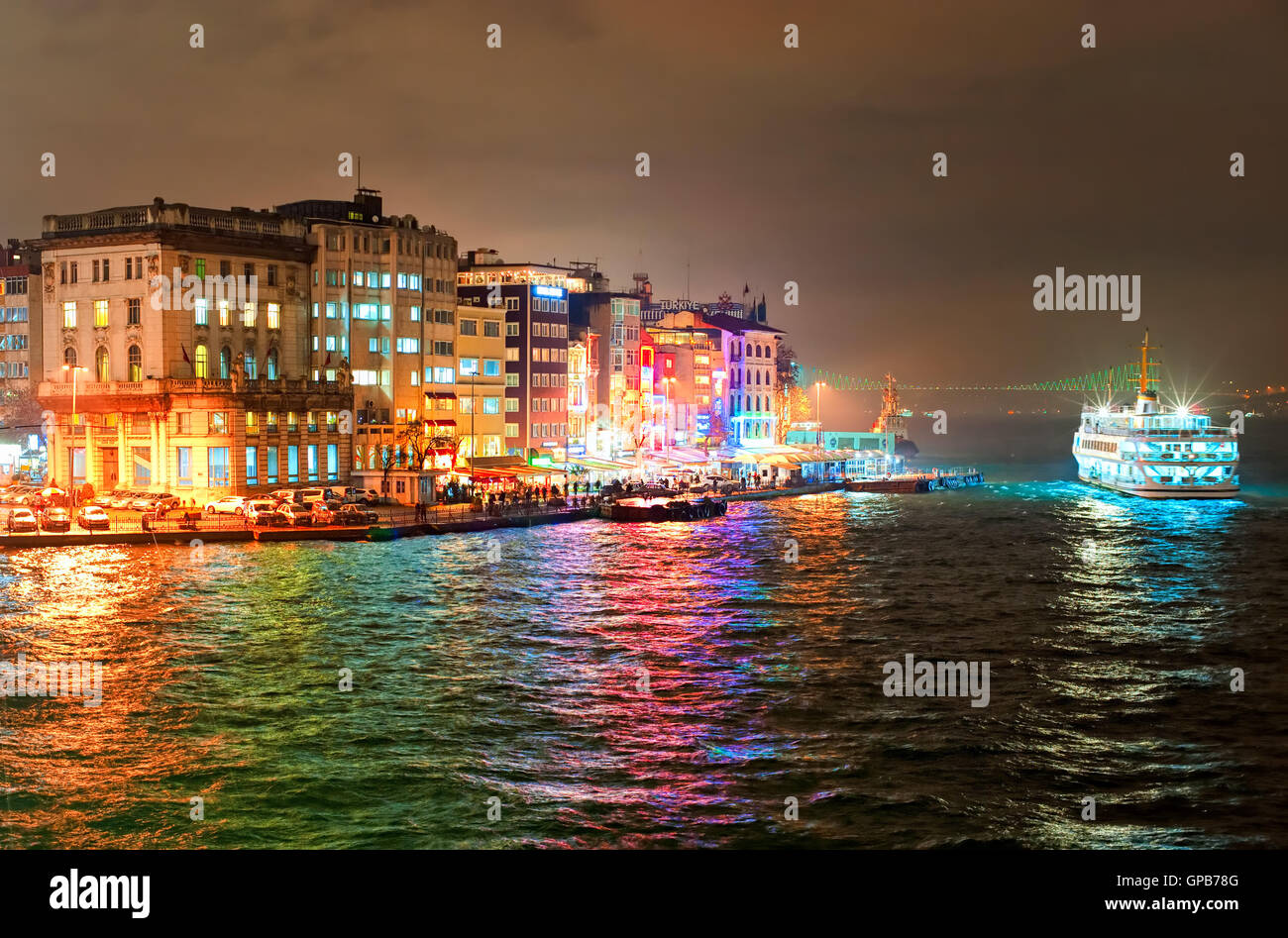 Night view of Galata quarter on Bosporus in Istanbul, Turkey Stock Photo