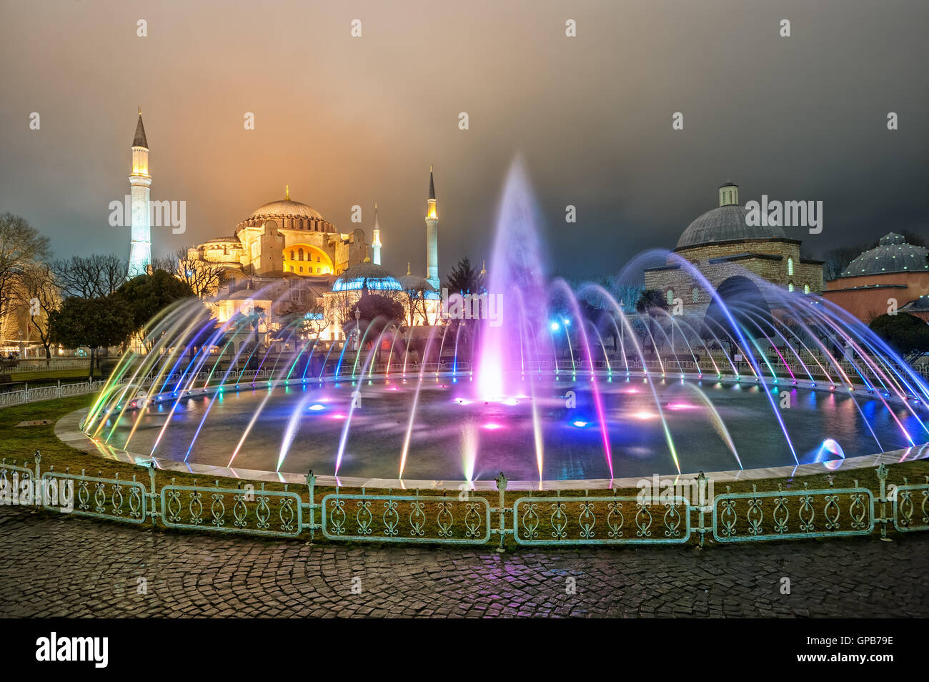 Hagia Sophia and colorful fountain in Sultanahmet park, Istanbul ...