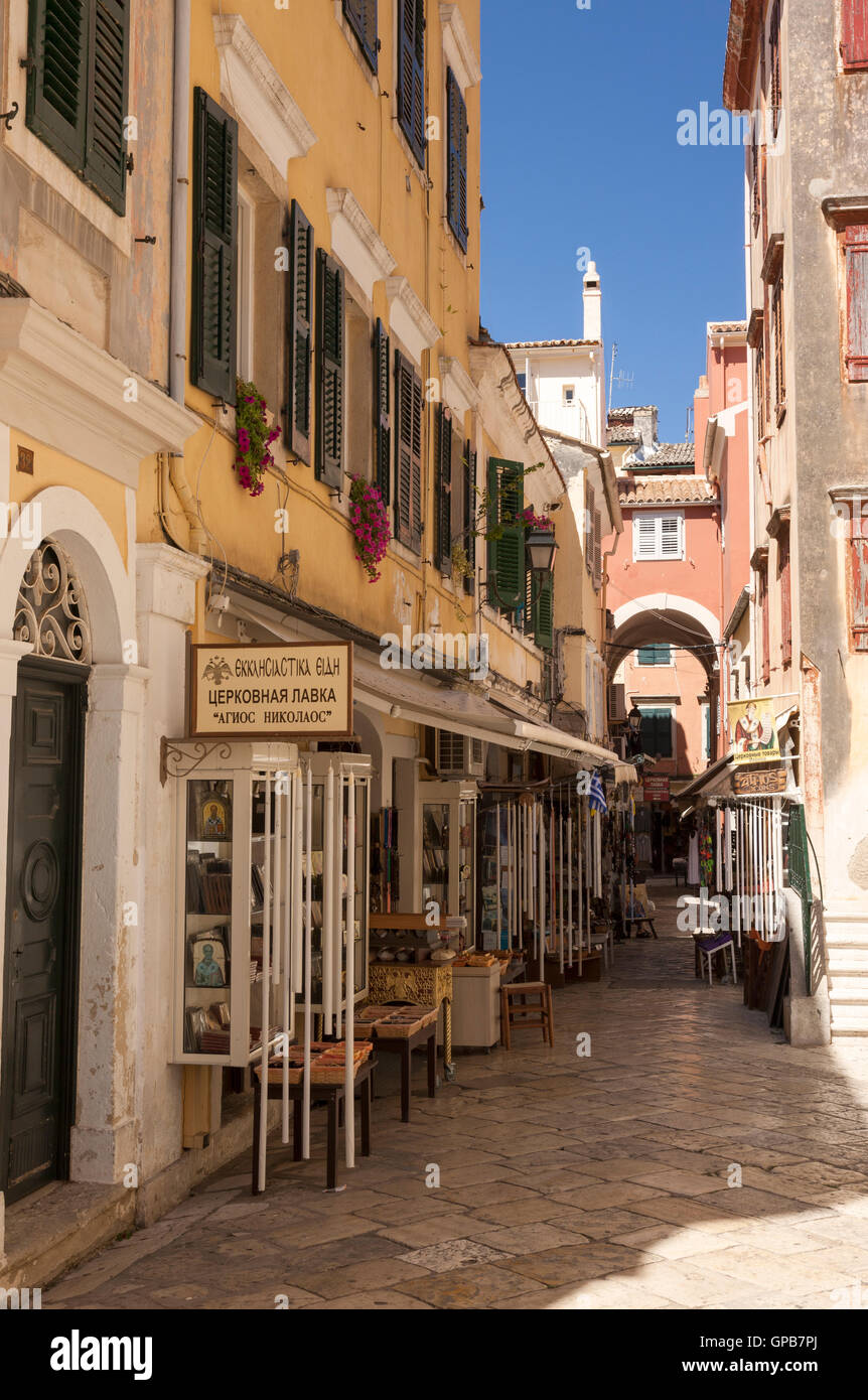 A narrow street in Corfu town, Corfu, Greece Stock Photo