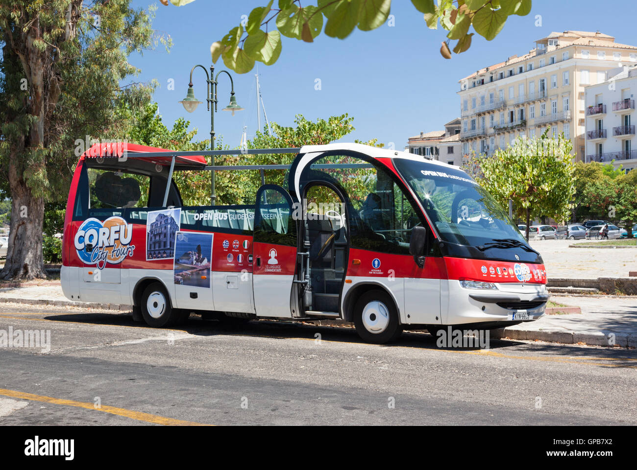 Tourist bus, Corfu town, Corfu, Greece Stock Photo