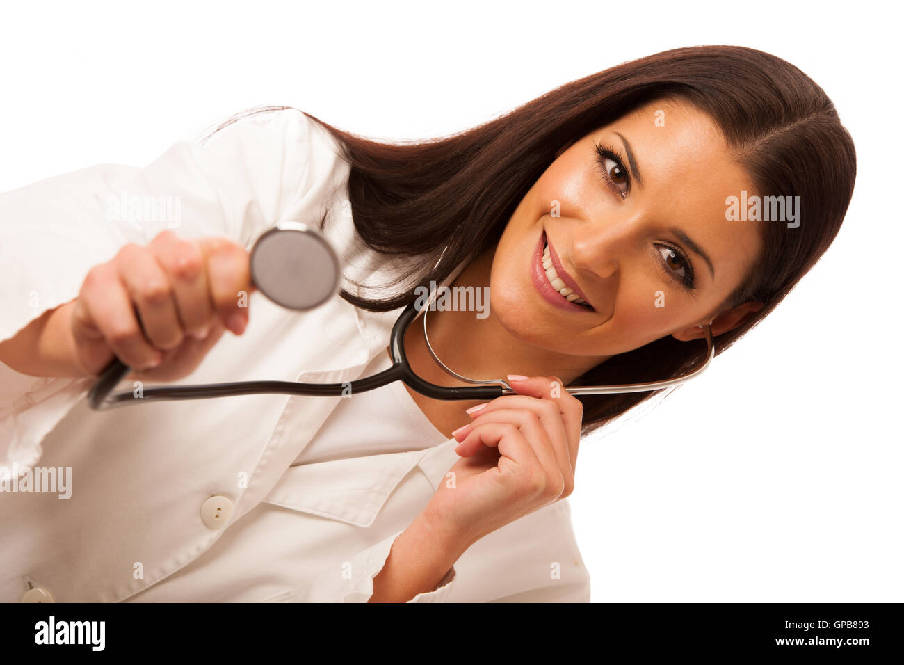 Woman doctor listen to heart beating with stethoscope. Stock Photo