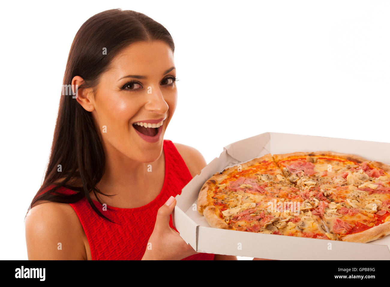 A smiling chef holding a pizza in a take out box Stock Photo - Alamy