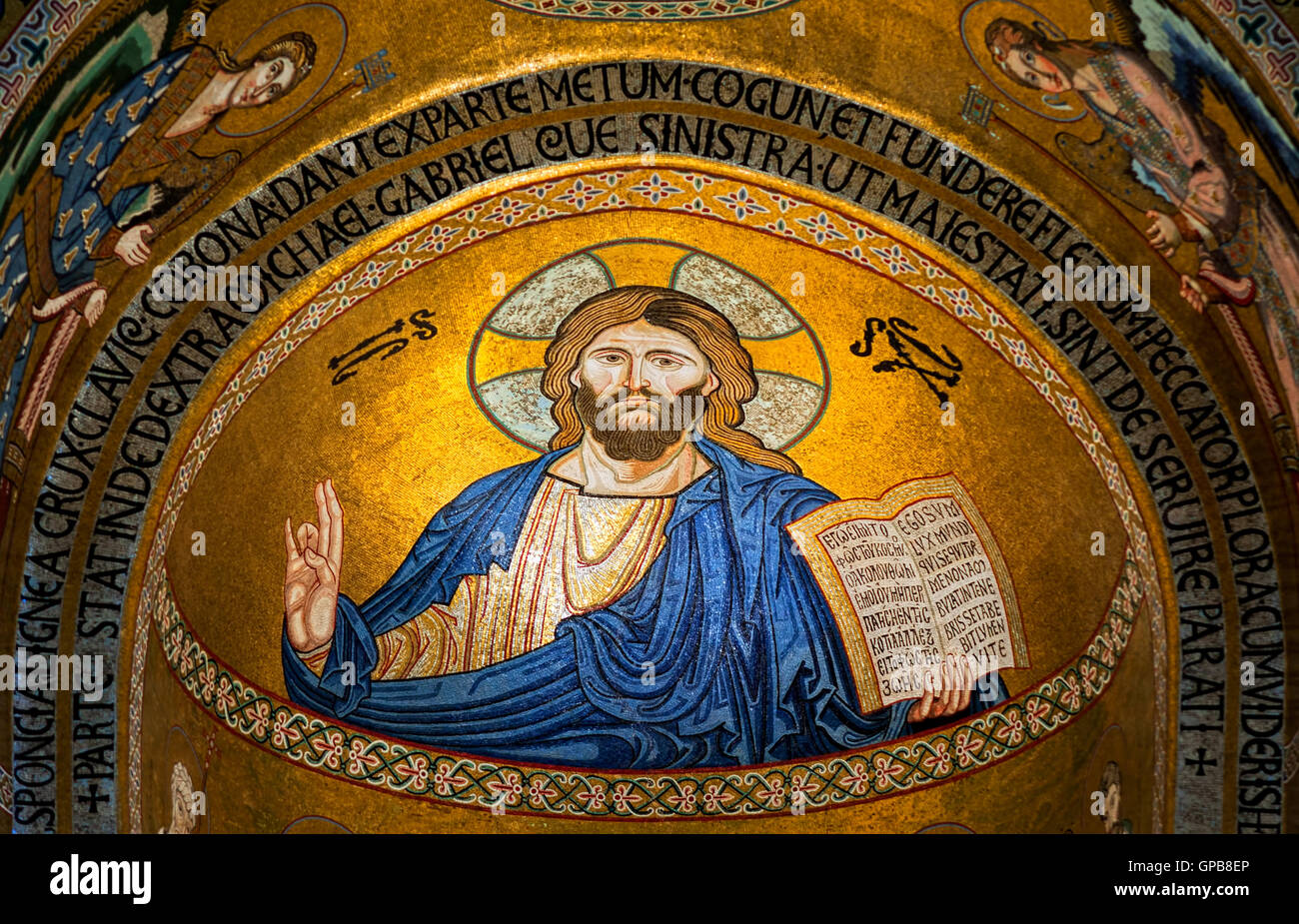 Jesus Christ mosaic icon in Monrelae cathedral, Palermo, Sicily, Italy Stock Photo