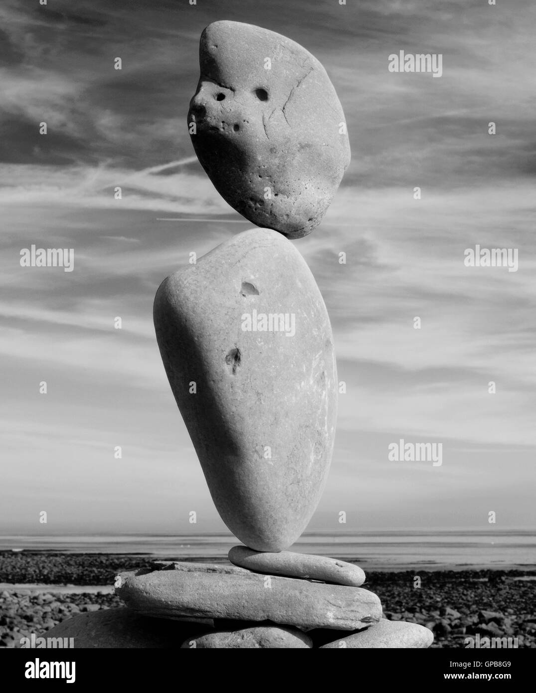 Pebbles balanced on Holy Island of Lindisfarne, Northumberland, North East England, UK Stock Photo