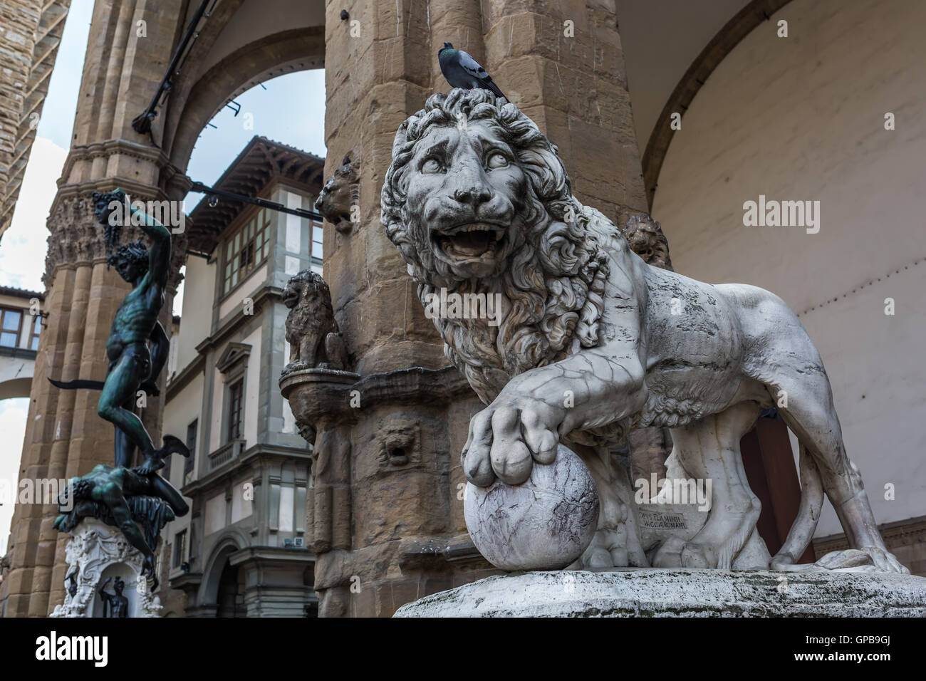 Medici Lion and other famous sculptures at the Loggia dei Lanzi