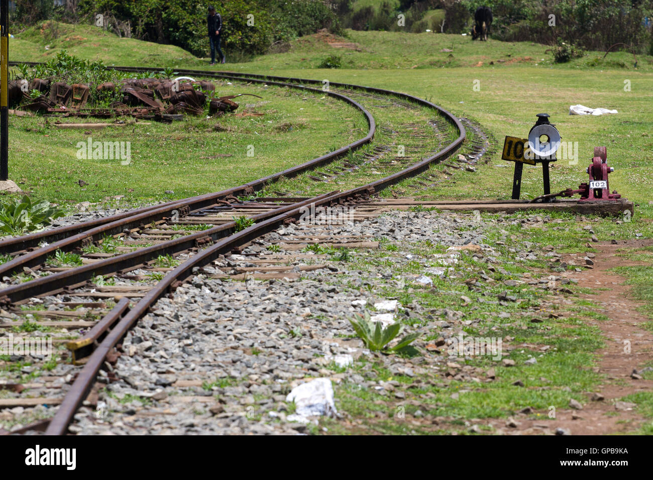 Nilgiri Mountain Railway. Tamil Nadu, India. Blue train. Unesco heritage. Narrow-gauge Turnout gear Stock Photo