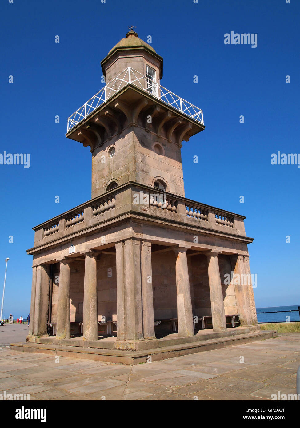 The Beach Lighthouse, built in 1839 on the beach front in Fleetwood, near Blackpool, designed by Decimus Burton. Stock Photo