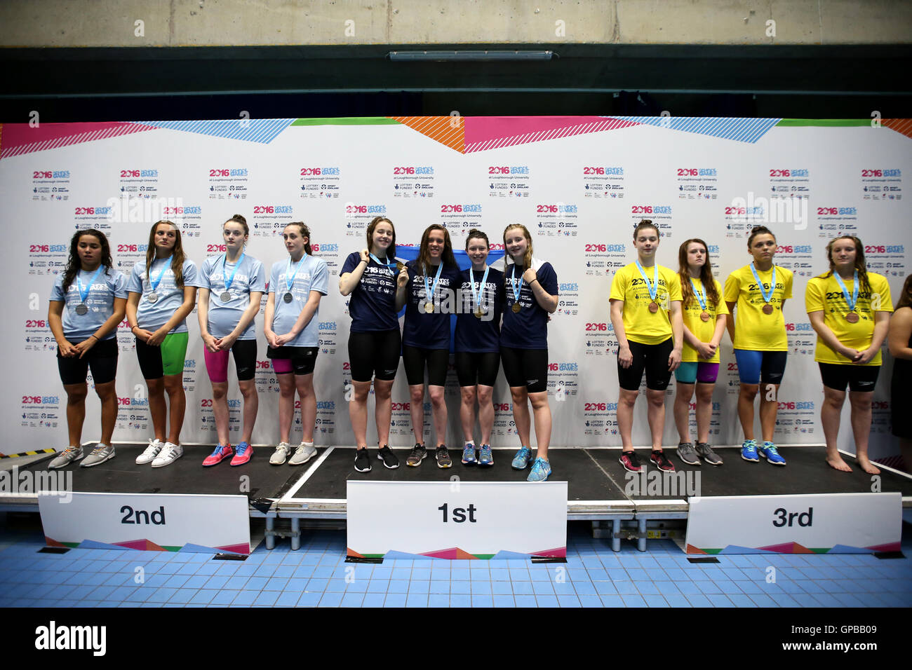 (left to right) Scotland NW, Scotland SE and England Central teams take to the podium for the Womens 400m Team Medley during day three of the 2016 School Games at Pond's Forge, Sheffield. PRESS ASSOCIATION Photo. Picture date: Saturday September 3, 2016. Photo credit should read: Steven Paston/PA Wire Stock Photo