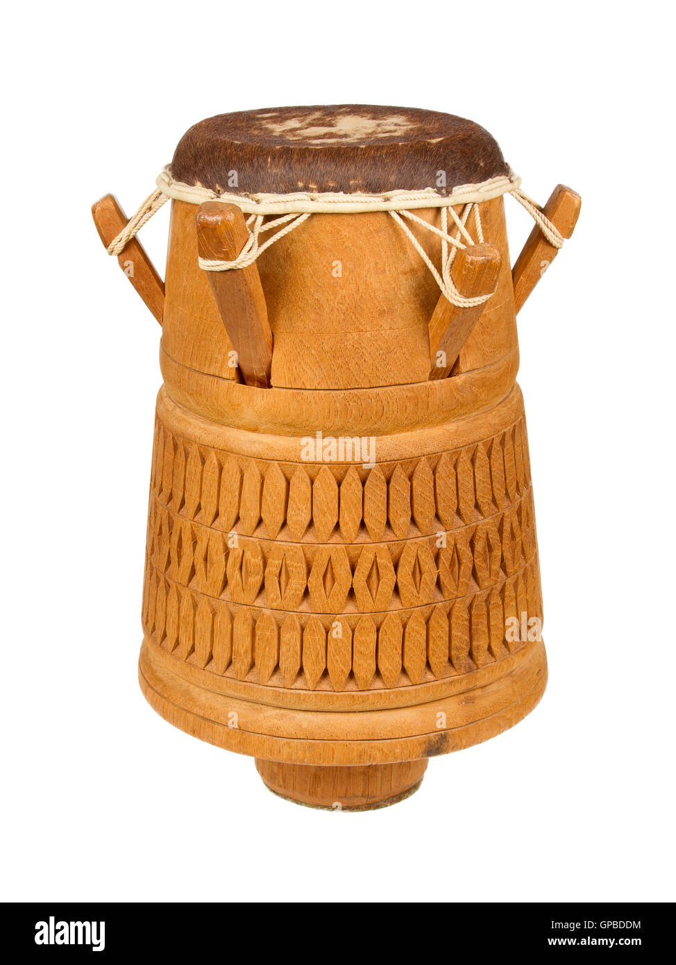 Djembe, Surinam percussion, handmade wooden drum with goat skin Stock