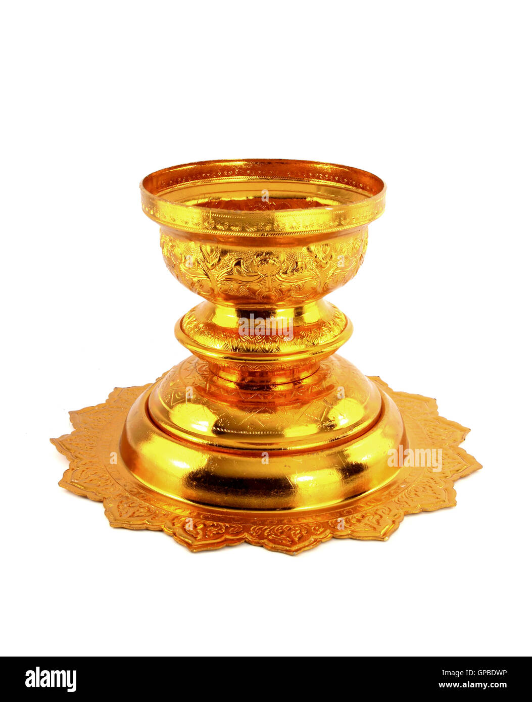 golden tray with pedestal in isolated white background Stock Photo Alamy