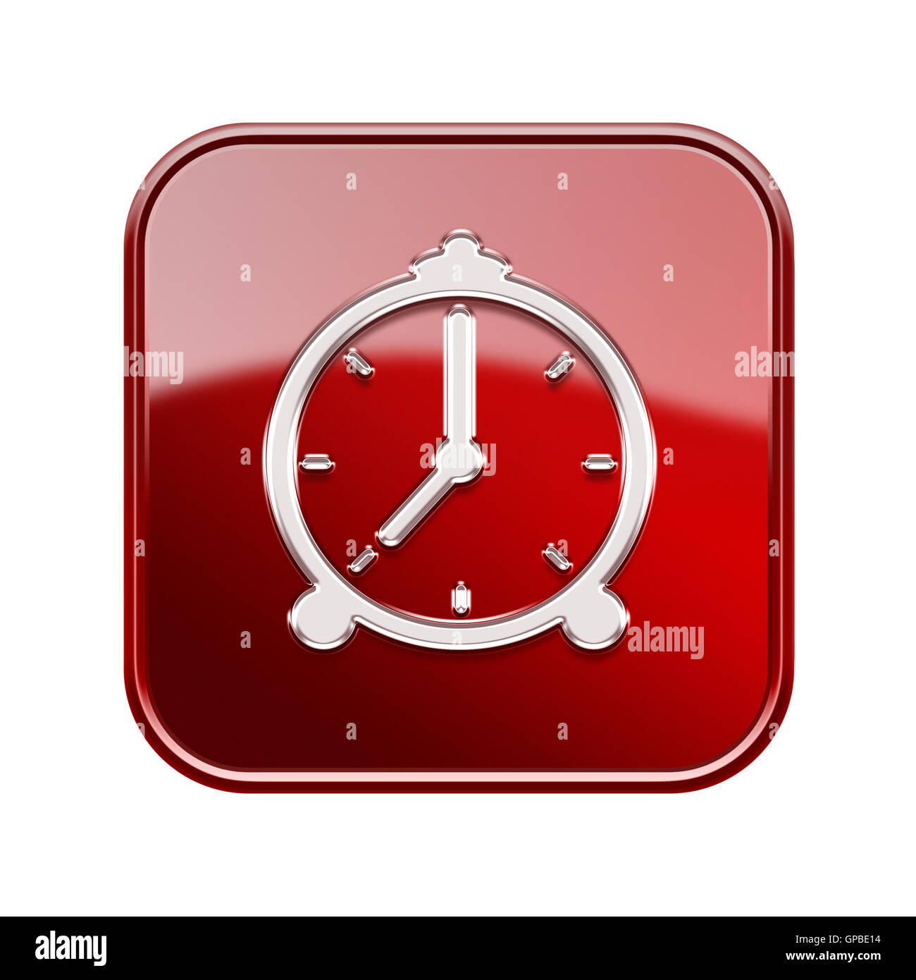 alarm clock icon glossy red, isolated on white background Stock Photo